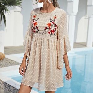 SHEIN Floral Embroidered Bell Sleeve Swiss Dot Dress